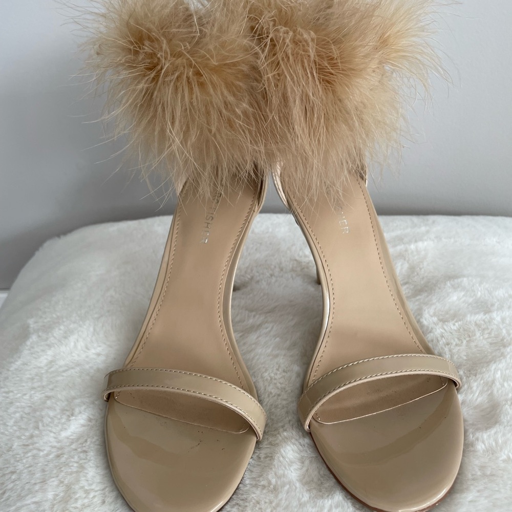 Marc Fisher Tan Heeled Sandals with Feather Detail